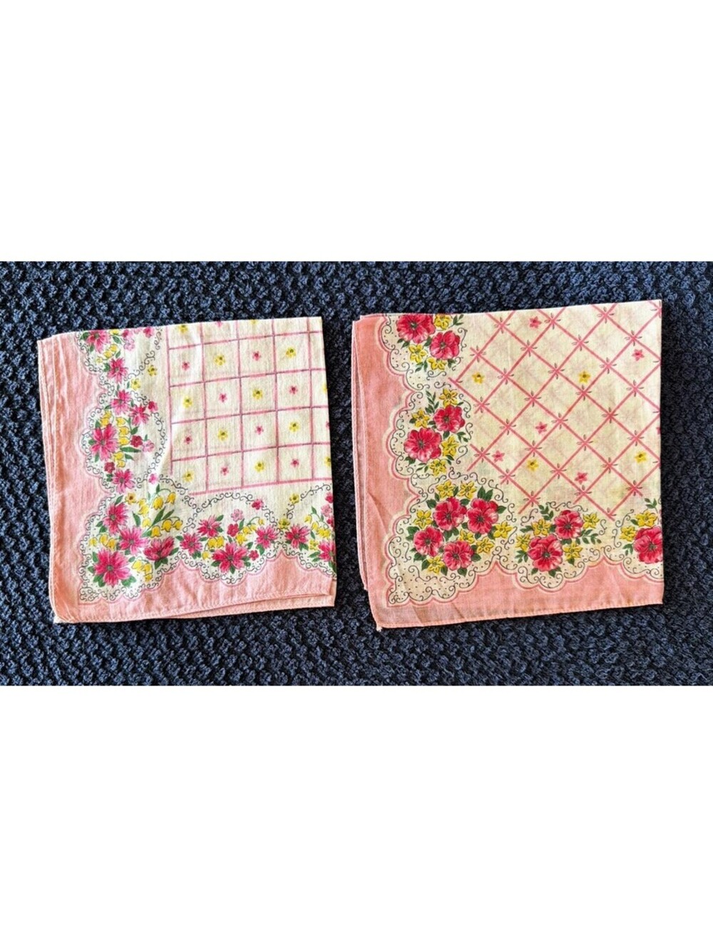 Vintage Cotton Handkerchief Pink & Yellow Floral Print, Lot of 2